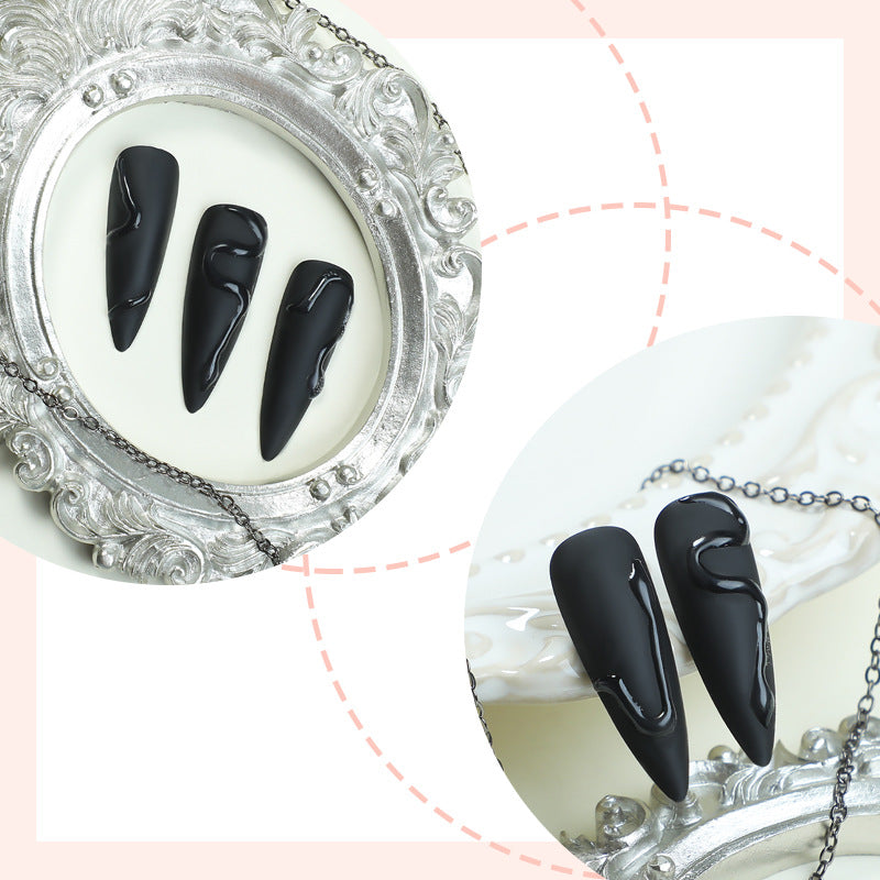 Black Matte Press On Nails Stiletto 3D Embossed Gothic Thorn Design Long Sharp Fake Nails Reusable Glue On Set 59