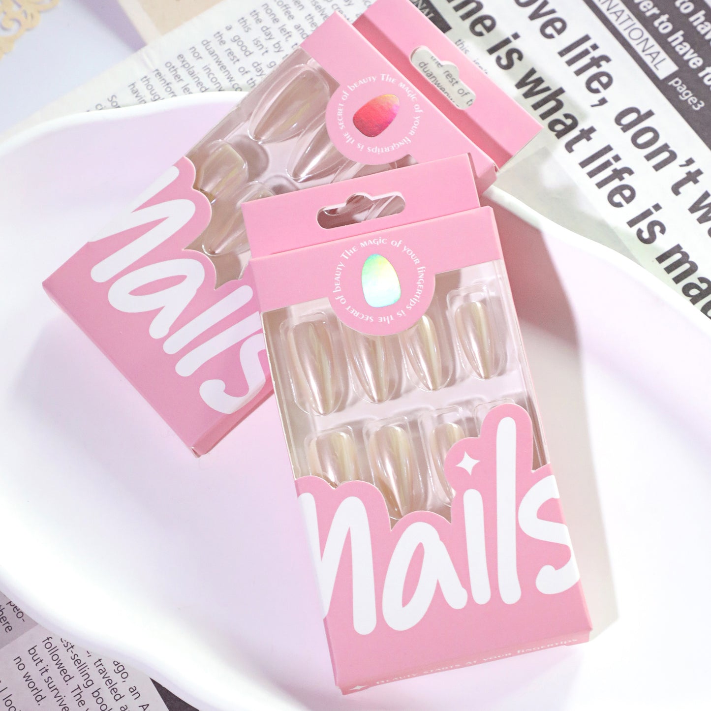 Pearl Chrome Press On Nails Almond Milky White Glossy Full Cover Reusable Glue On Nails for Women Wedding Bridal 04