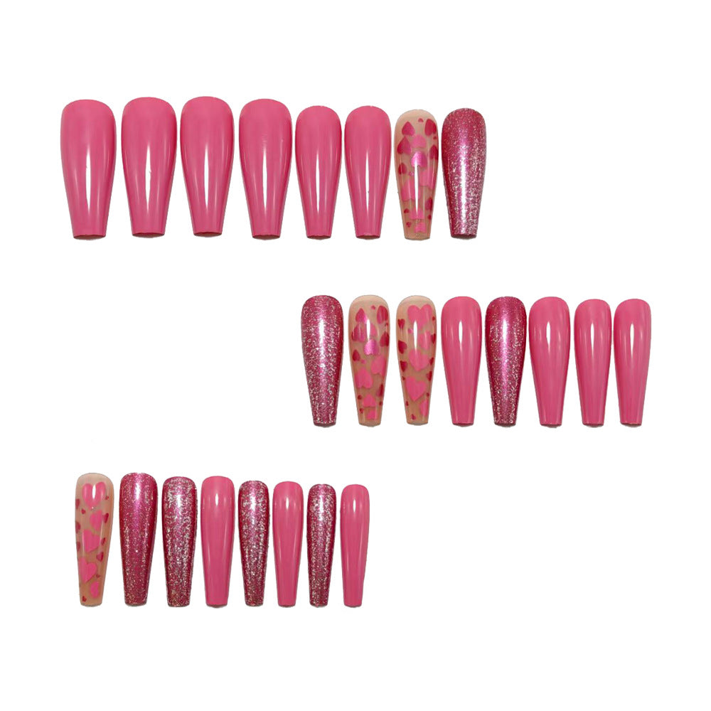 Pink Press-On Nails Coffin Shape Barbie Heart Glitter Reusable Glue On Fake Nails Y2K Cute Nail Set 36