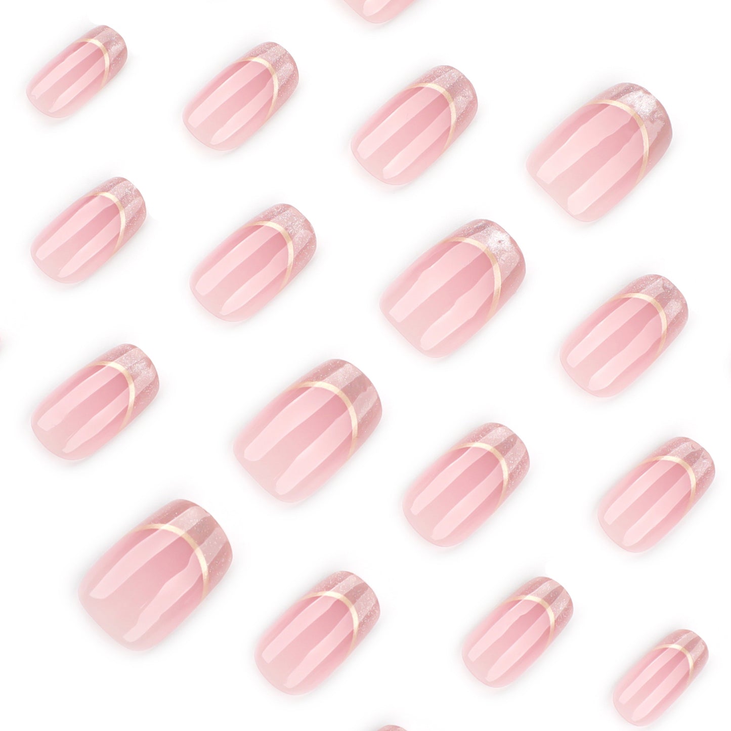 Nude Pink Press On Nails with Gold French Lines and Glitter Tips Glossy Short Squoval Shape Minimal Elegant Design Reusable Full Cover False Nails Kit 112