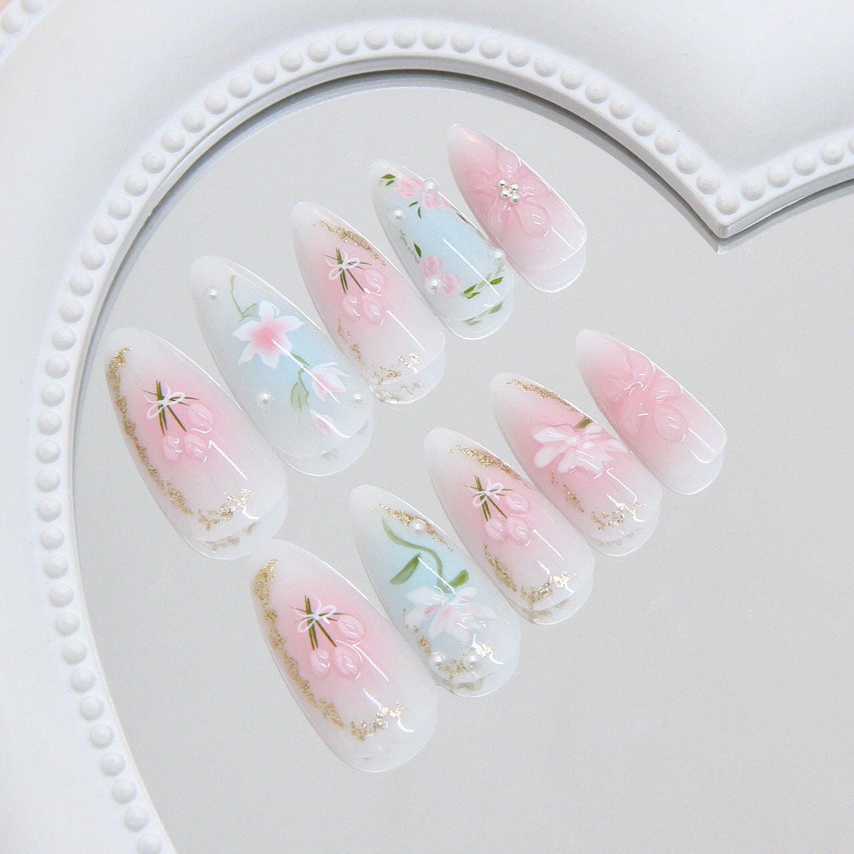 Pastel Press-On Nails Almond Shape 3D Flower Bow Gradient Reusable Glue On Fake Nails Spring Set 37
