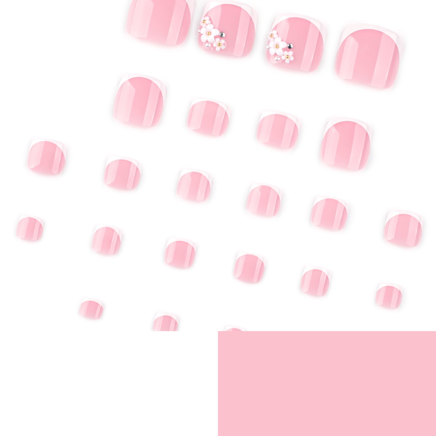 Nude Pink French Tip Press On Toenails with Floral Pearl Stud Design Glossy Short Squoval Shape Elegant Full Cover False Toe Nails Kit Reusable Pedicure 115