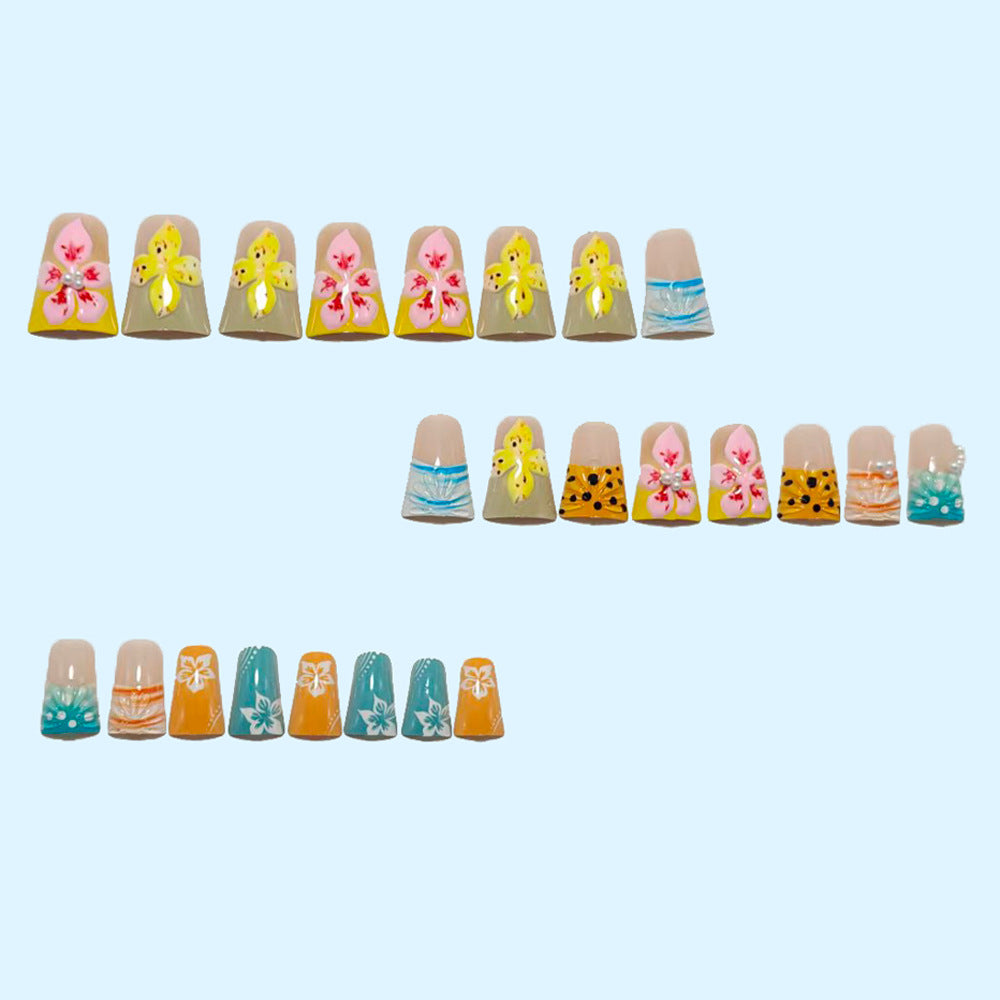 Tropical Press On Nails 3D Flower Beach Summer Vacation Hawaiian Floral Short Square Reusable Nail Set 24