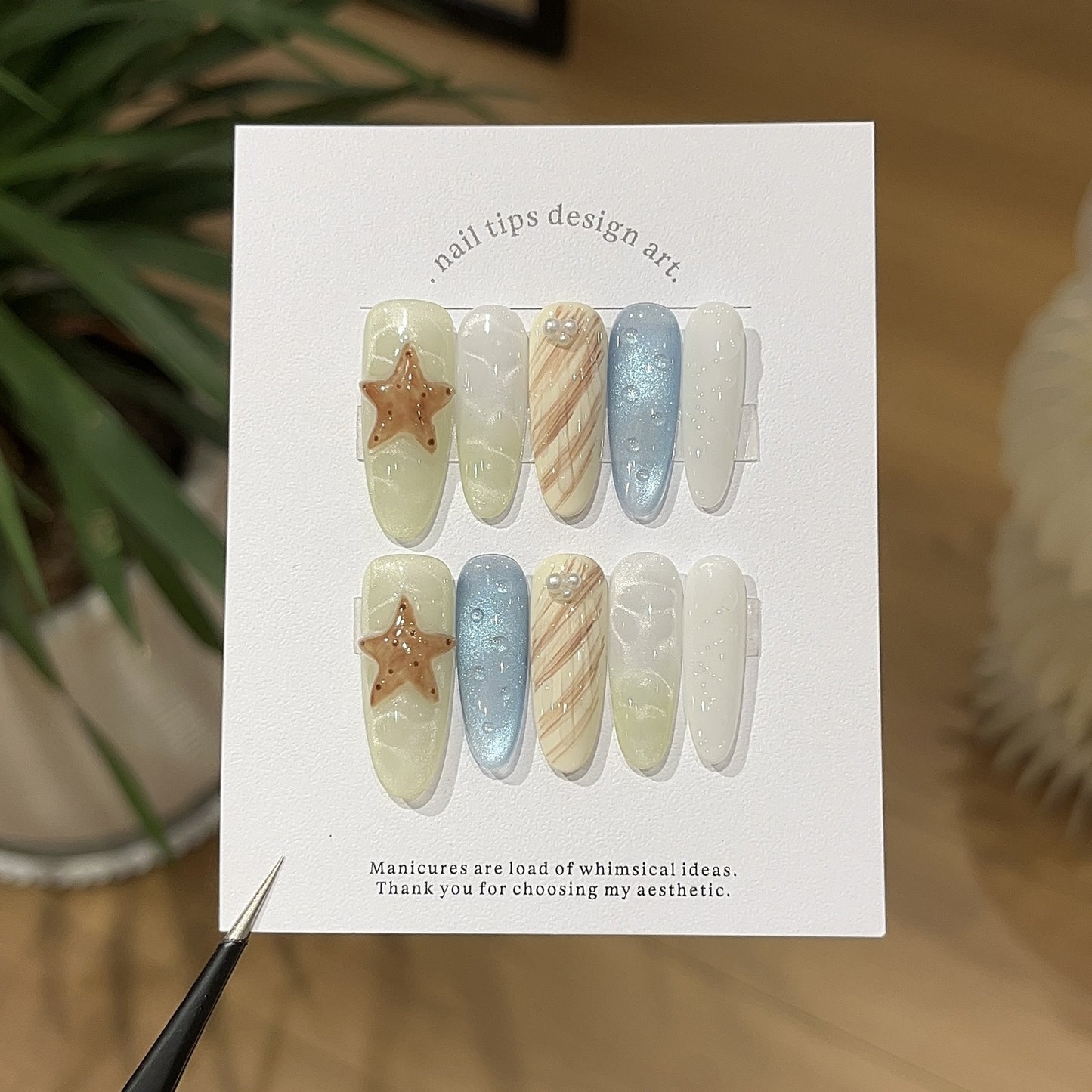 Beach Press-On Nails – 3D Starfish & Pearl Shell Almond Press-On Nails | Mermaid Aura Handmade Reusable Nail Set 237