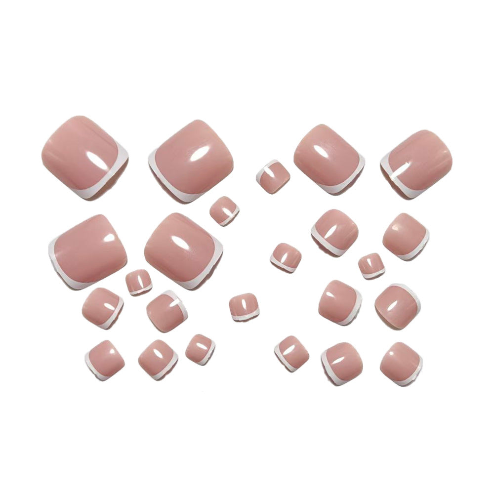 French Tip Press On Toenails Nude Pink White Short Square Glossy Fake Toenails Reusable Glue On Pedicure Nail Set 49