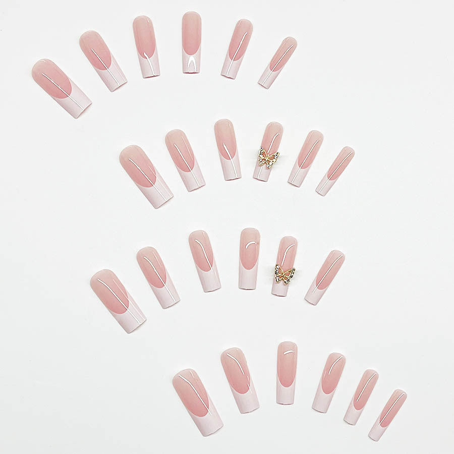 White Press-On Nails with Butterfly Design, Short Square Reusable Glue-On Nails for Women Girls 01