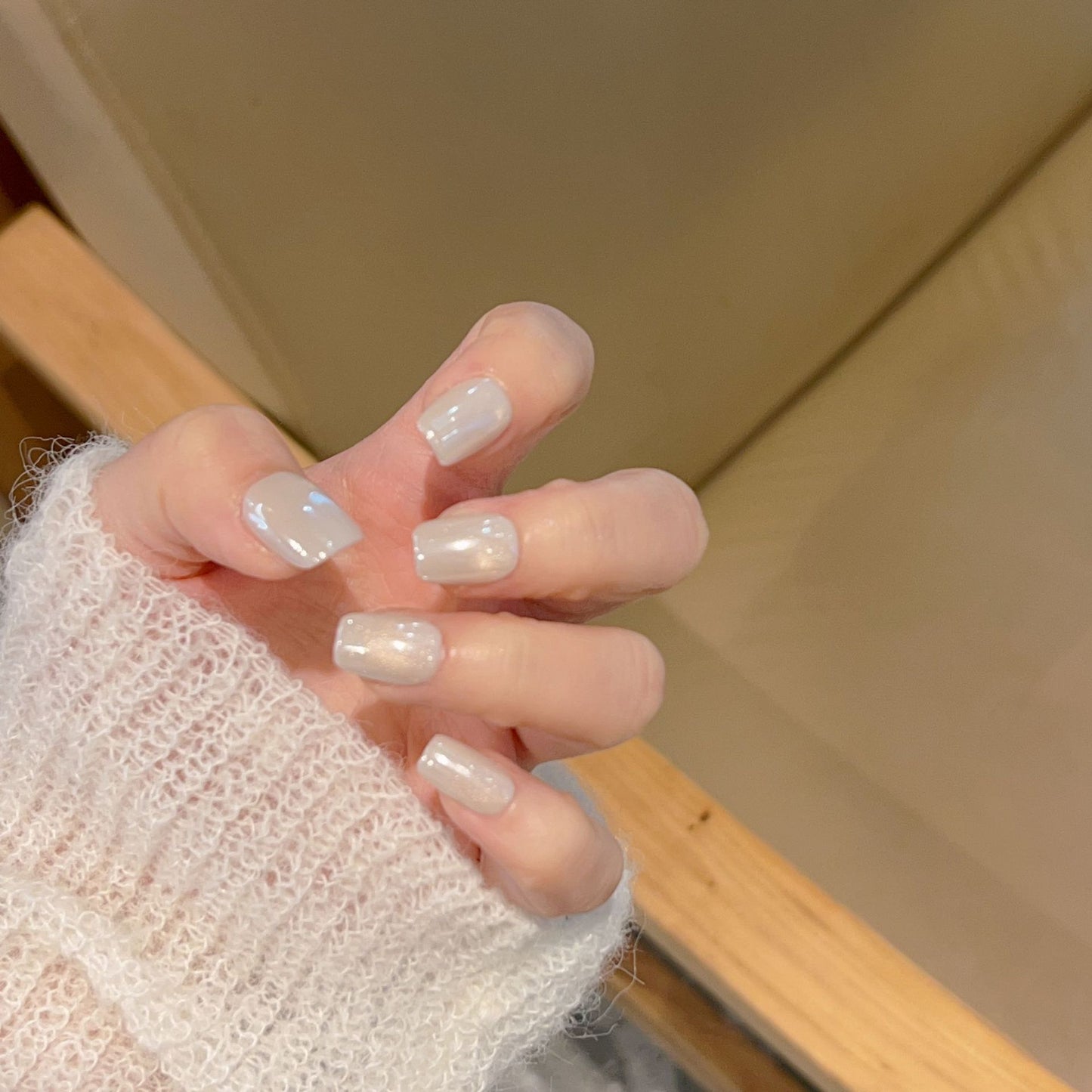 Milky White Aurora Press-On Nails – Sheer Jelly Pearl Glow Squoval Nails | Minimal Luxury Reusable Short Nail Set 276