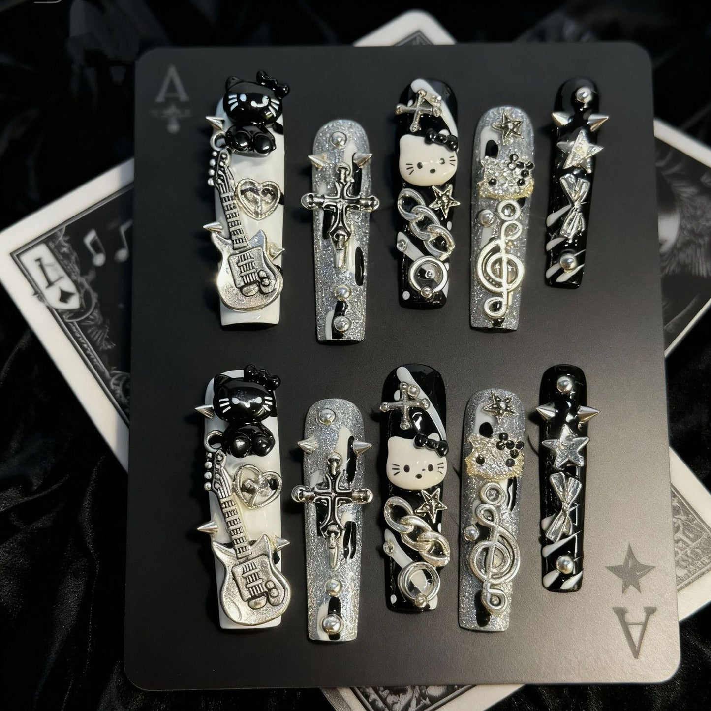 Y2K Hello Kitty Press On Nails Coffin Shape – Black Silver Rock Star Guitar Charms Punk Concert Handmade Reusable Nail Set 205