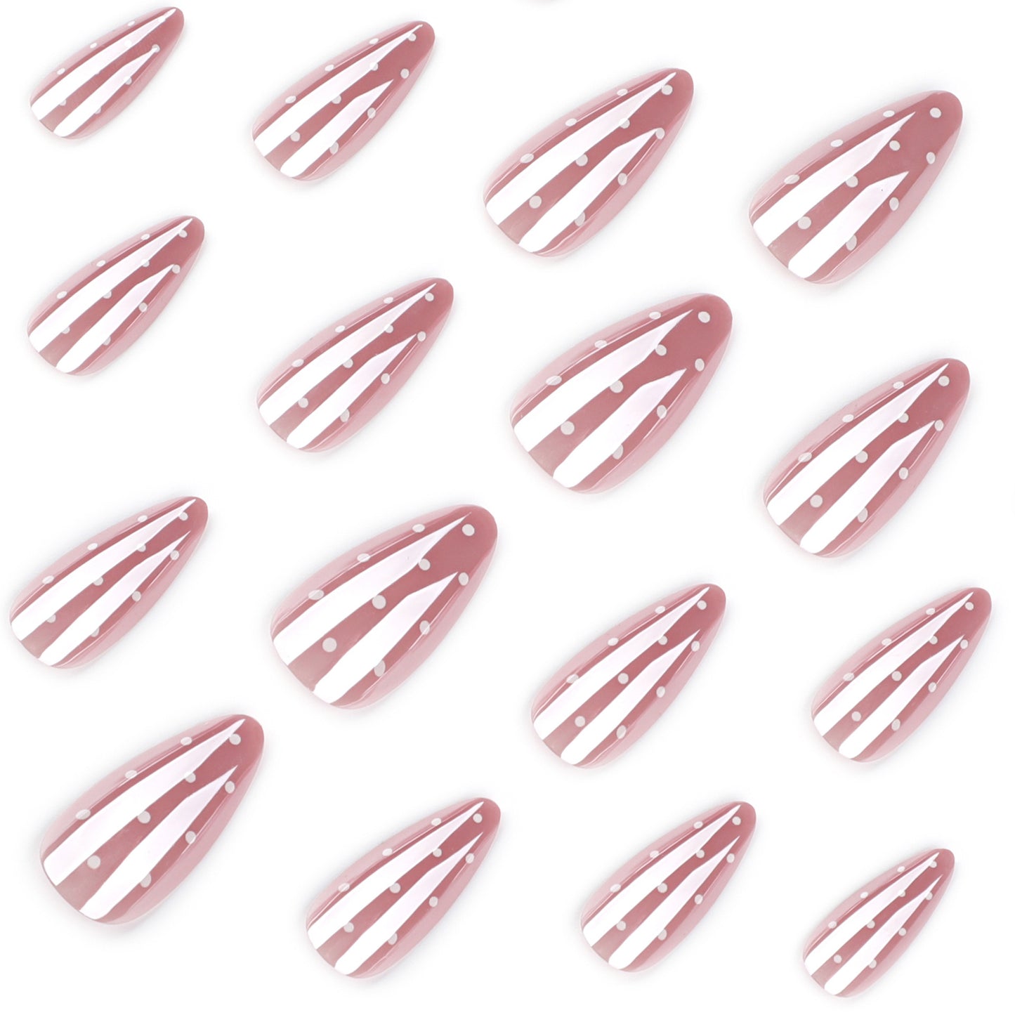 Dusty Pink Press On Nails with Polka Dots and Stripe Design Almond Shape Glossy French Cute Style Reusable Full Cover False Nails Kit Vintage Minimal Everyday Nails 93