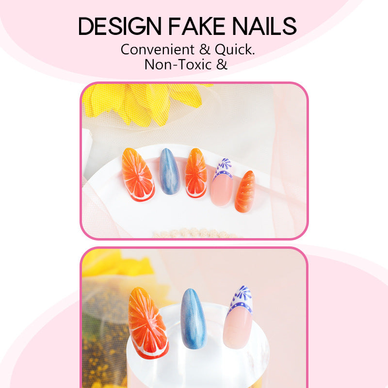 Press On Nails Summer Fruit Design Grapefruit Orange Blue French Tip Glossy Fake Nails Reusable Nail Set Vacation Nails 66