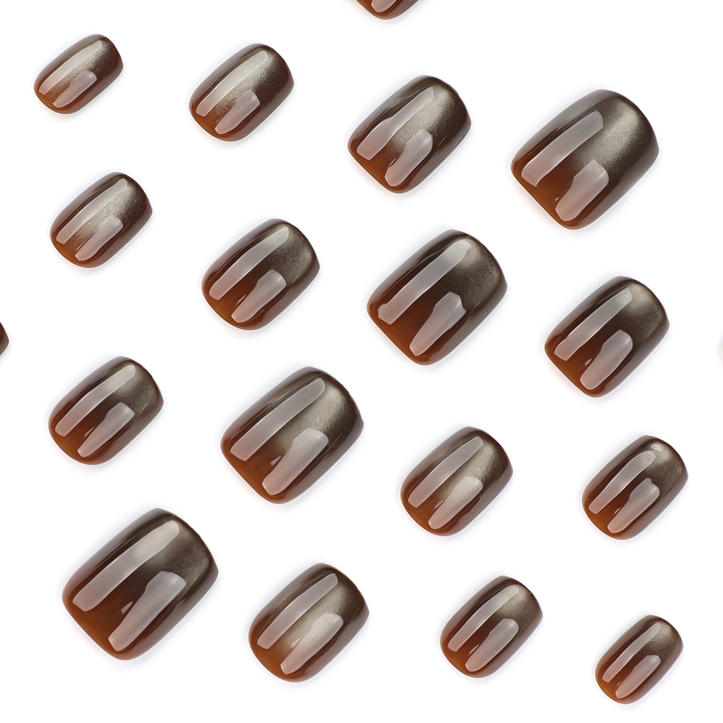 Brown Cat Eye Press On Nails Glossy Magnetic Effect Short Squoval Shape Minimal Elegant Solid Color Full Cover False Nails Kit Reusable 116