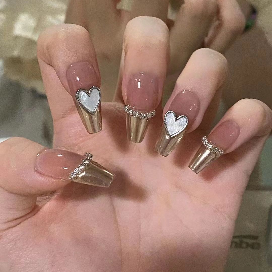 Nude Pink French Tip Press On Nails Gold Brown Glitter Heart Rhinestone Glossy Fake Nails Reusable Glue On Nail Set 58
