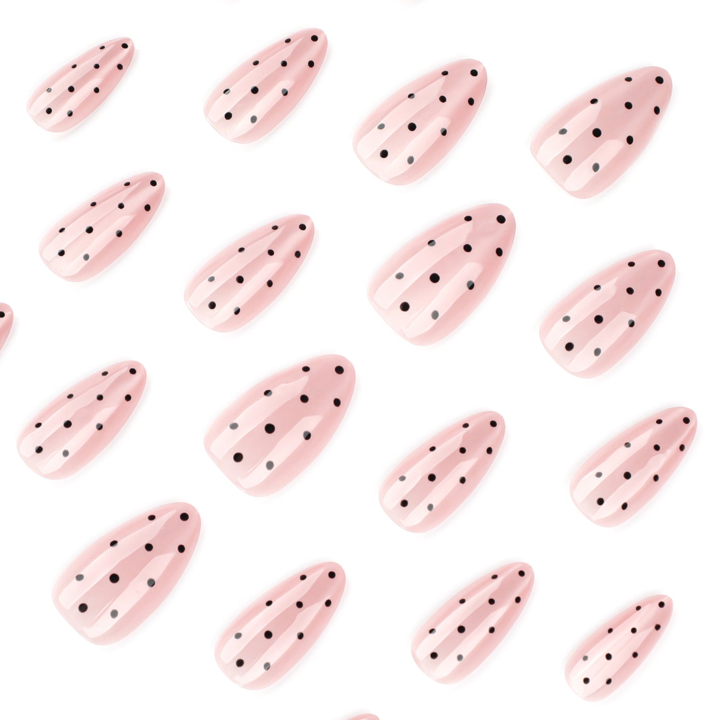 Nude Pink Press On Nails with Black Polka Dots Almond Shape Glossy Vintage Minimal Design Reusable Full Cover False Nails Kit Cute Classic Everyday Nails 97