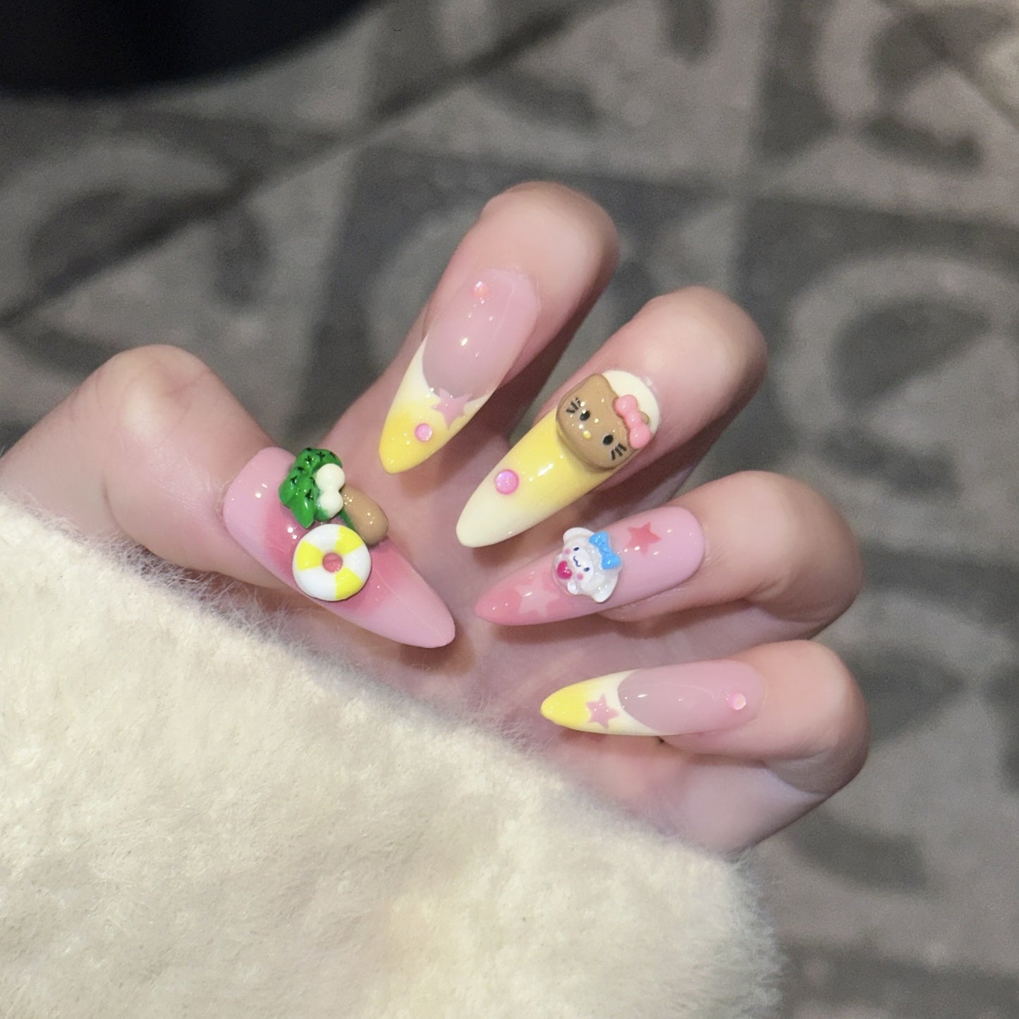 Summer Vacation Press-On Nails – Peach Pink & Sunset Yellow Ombre Almond Nails | 3D Tropical Charms Reusable Nail Set 251