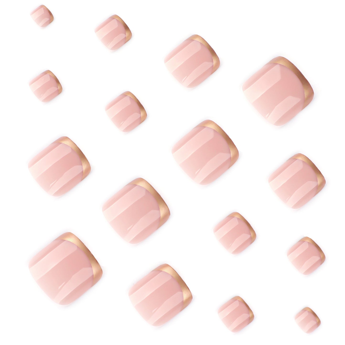Nude Pink French Tip Press On Toenails with Gold Tips Glossy Short Squoval Shape Minimal Luxury Reusable Full Cover False Toe Nails Kit Elegant Pedicure Nails 102