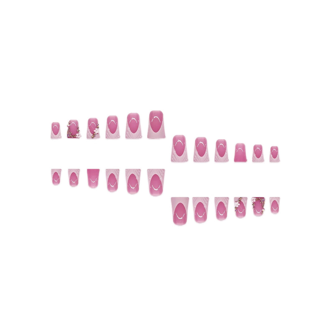 French Tip Press On Nails Short Square Nude Pink 3D Flower Lace Rhinestone Glossy Reusable Acrylic Nails for Women 03