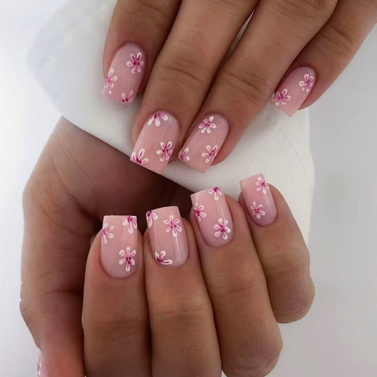 Nude Pink Floral Press On Nails with Hand Painted Flowers Glossy Short Squoval Shape Natural Elegant Spring Summer Full Cover False Nails Kit Reusable 126