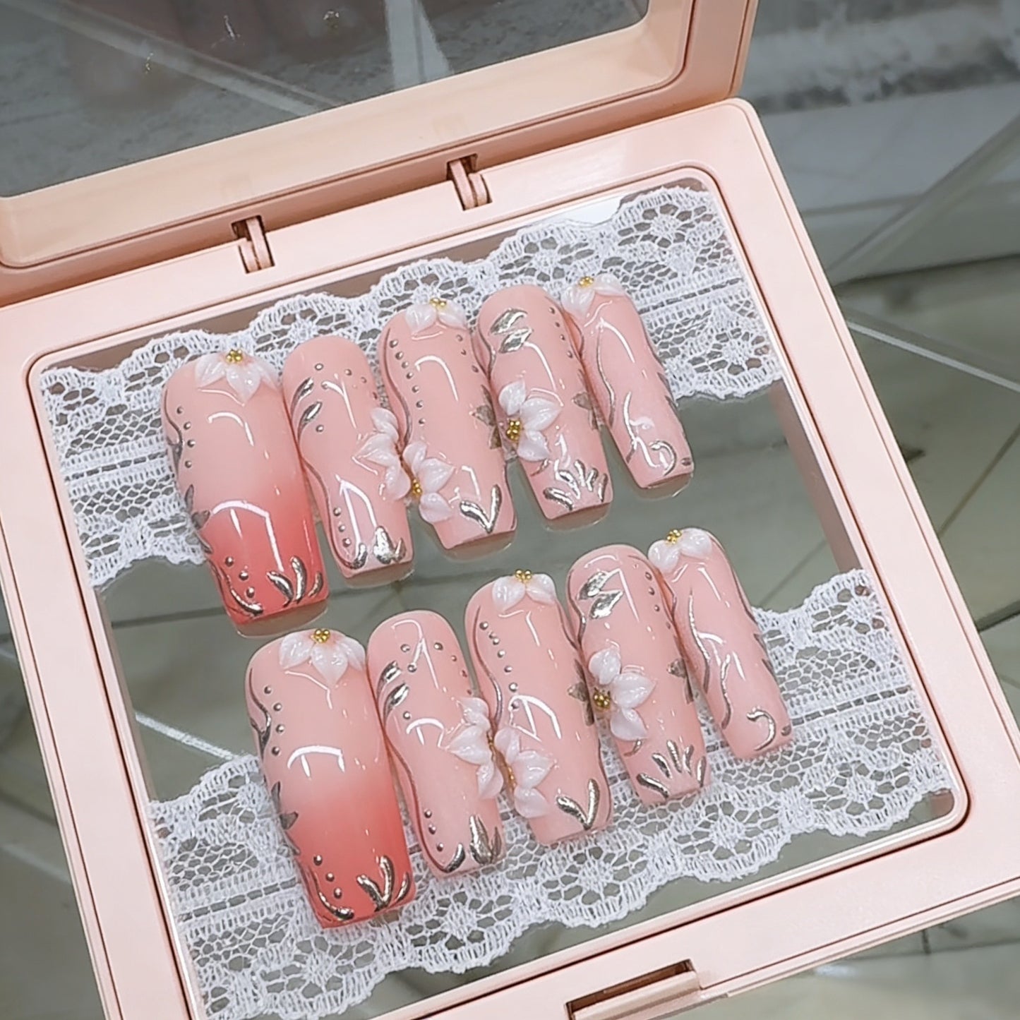 Press On Nails Lily of the Valley Nude Pink Ombre – Long Squoval Floral Fake Nails with 3D Flower Gold Foil Reusable Acrylic Set 143