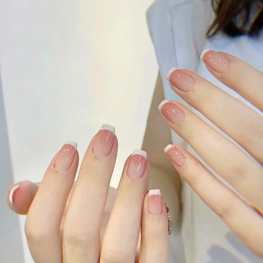 Natural Nude Press-On Nails – Short Rounded & Square Sheer Pink-Peach Gradient with Subtle White French Tips Handmade Reusable Luxury Nail Set 231