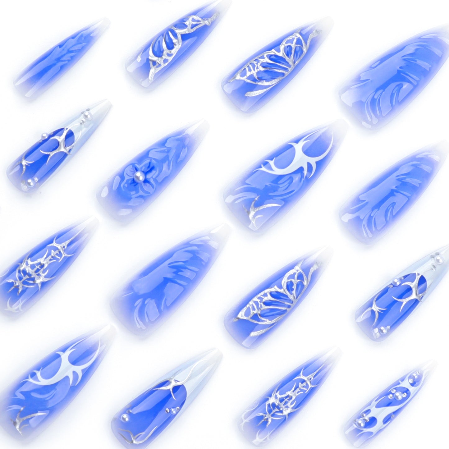 Blue Stiletto Press On Nails Extra Long – Butterfly Gothic False Nails Reusable Full Cover Set 183