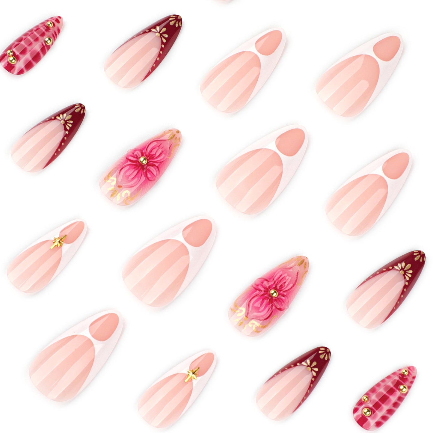 Nude Pink Press On Nails with Red Gold Floral French Tip Design Almond Shape Chinese Style Elegant Luxury Full Cover False Nails Kit Reusable 133