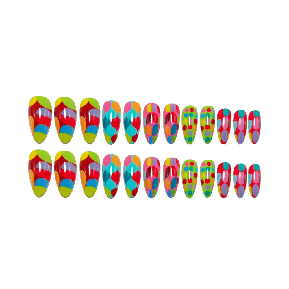 Bright Colors Dot Press-On Nails Almond Shape Reusable Glue On Fake Nails Colorful Summer Set 28