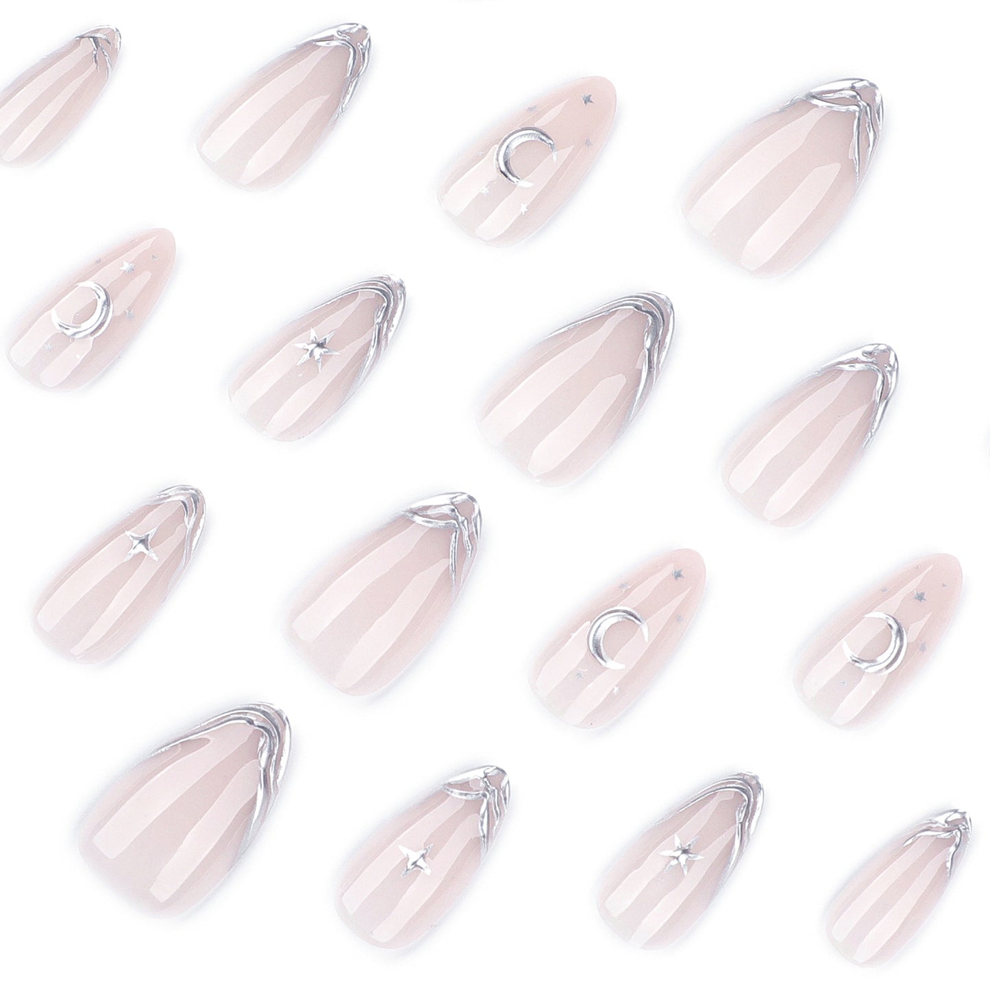 Nude Pink Press On Nails with Silver French Tip Star Moon Design Glossy Almond Shape Elegant Minimalist Full Cover False Nails Kit Reusable 131