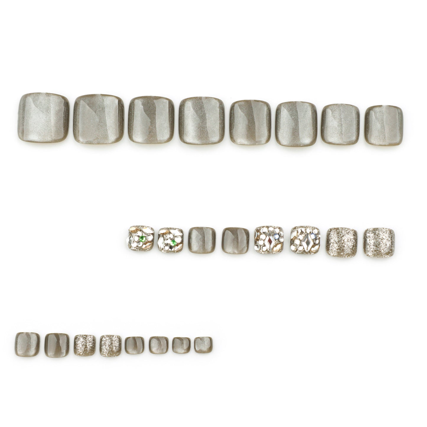 Grey Cat Eye Toe Press On Nails – Short Square Rhinestone Glossy Reusable Pedicure Nails 155