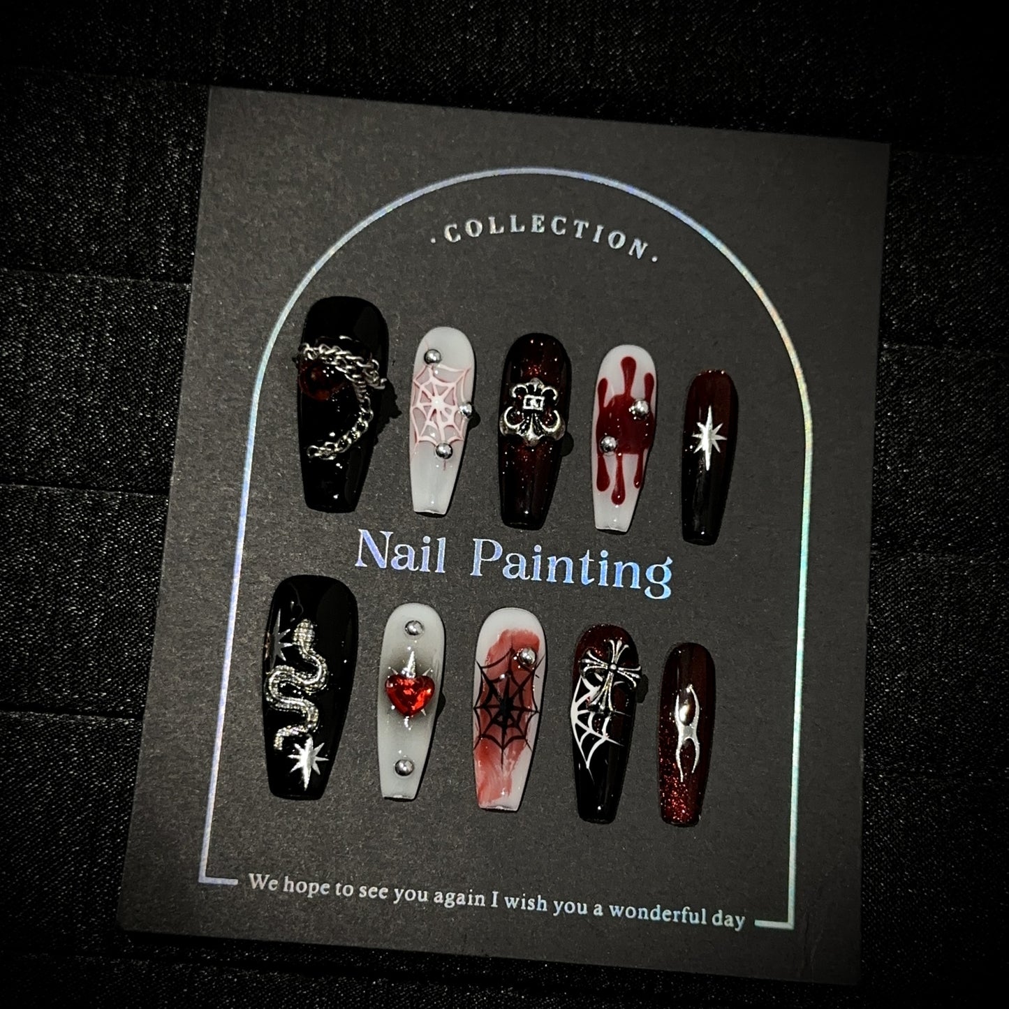 Gothic Snake & Spider Web Press On Nails Coffin Shape – Black Red Silver Blood Drip 3D Chain Charms Reusable Halloween Nail Set 206