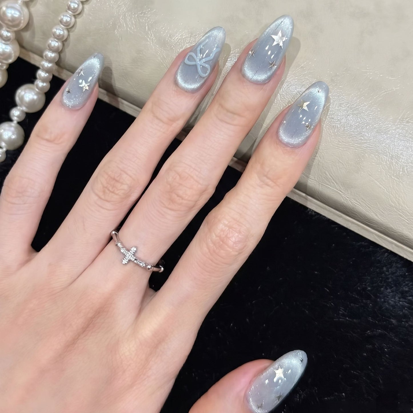 Ice Blue Cat Eye Press-On Nails – Silver Grey Magnetic Frost Bow Star Rhinestones Long Almond Handmade Luxury Reusable Nail Set 229