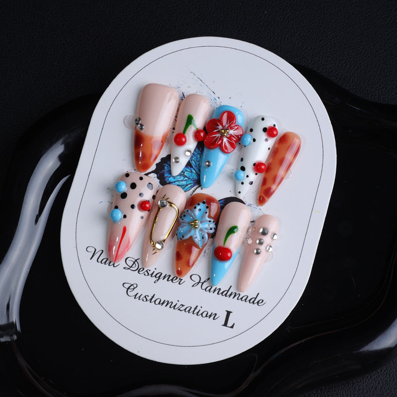 Pop Art Press-On Nails – Hand-Painted 3D Cherries & Flowers, Bold Blue Red Y2K Festival Handmade Reusable Nail Set 233