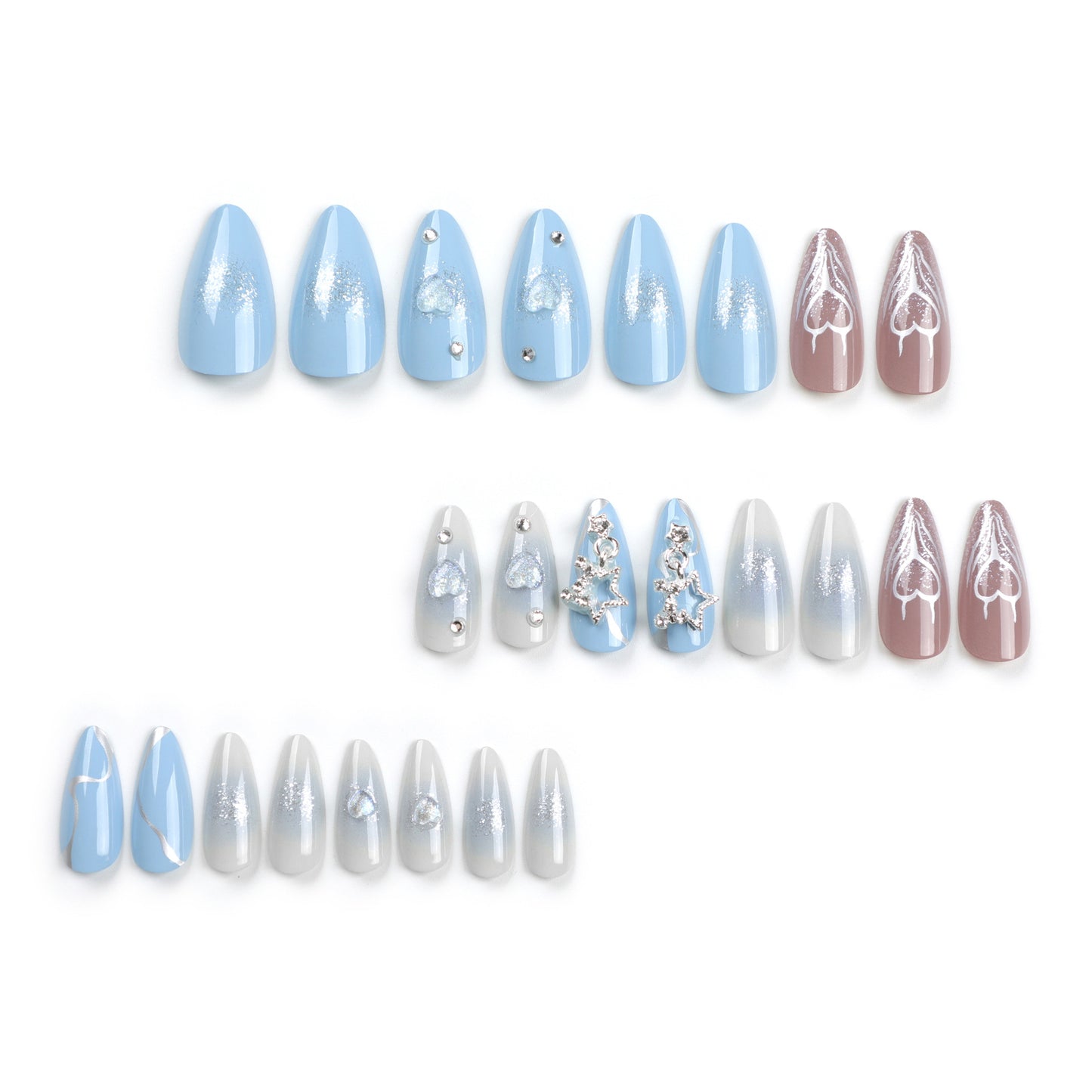 Blue Pink Cat Eye Press On Nails with Heart Charms Star Rhinestones Almond Shape Glossy Gradient Y2K Cute Cool Design Reusable Full Cover False Nails Kit 98