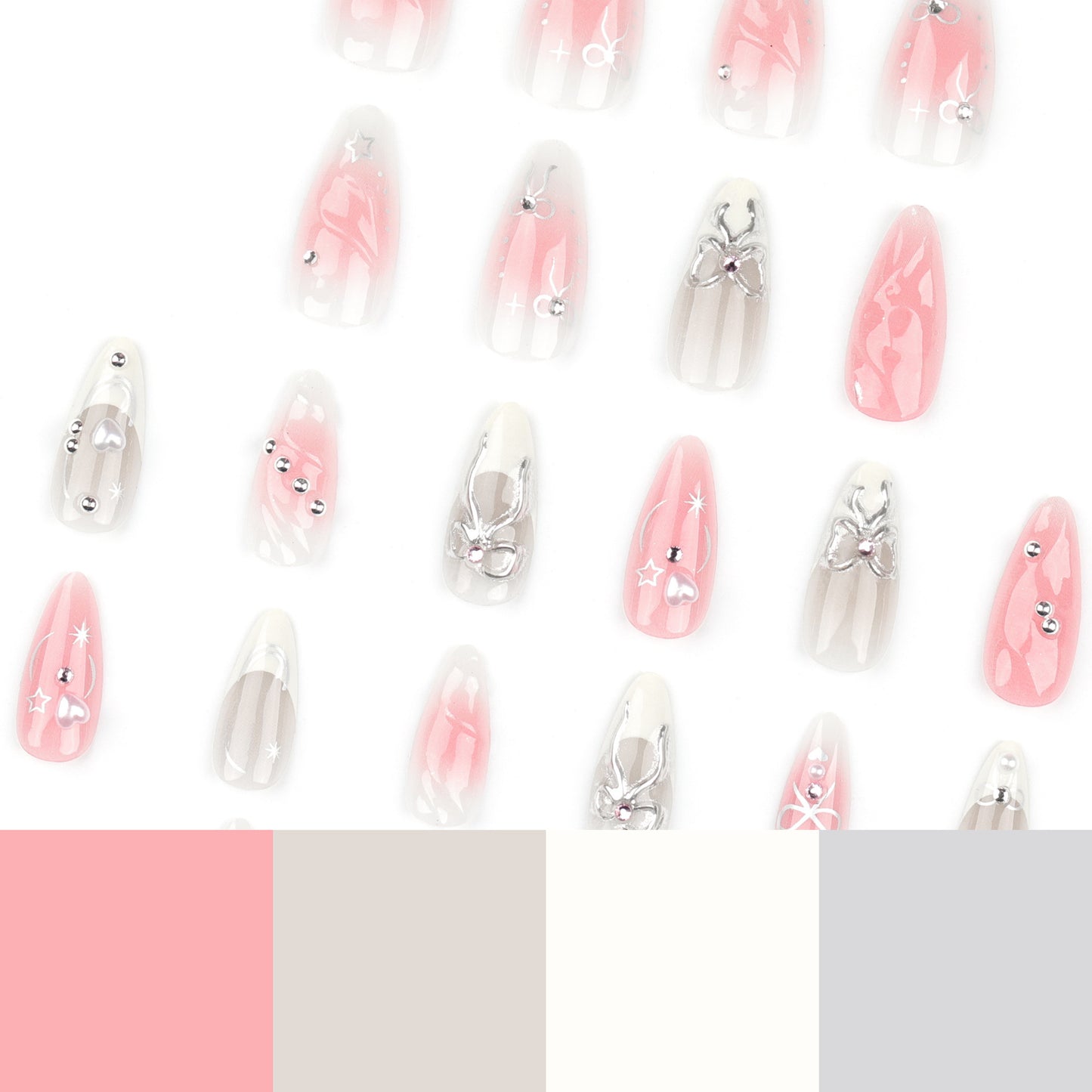 Pink White Gradient Press On Nails – Medium Almond Jelly Glossy Bow Charm Reusable Acrylic Nails 156