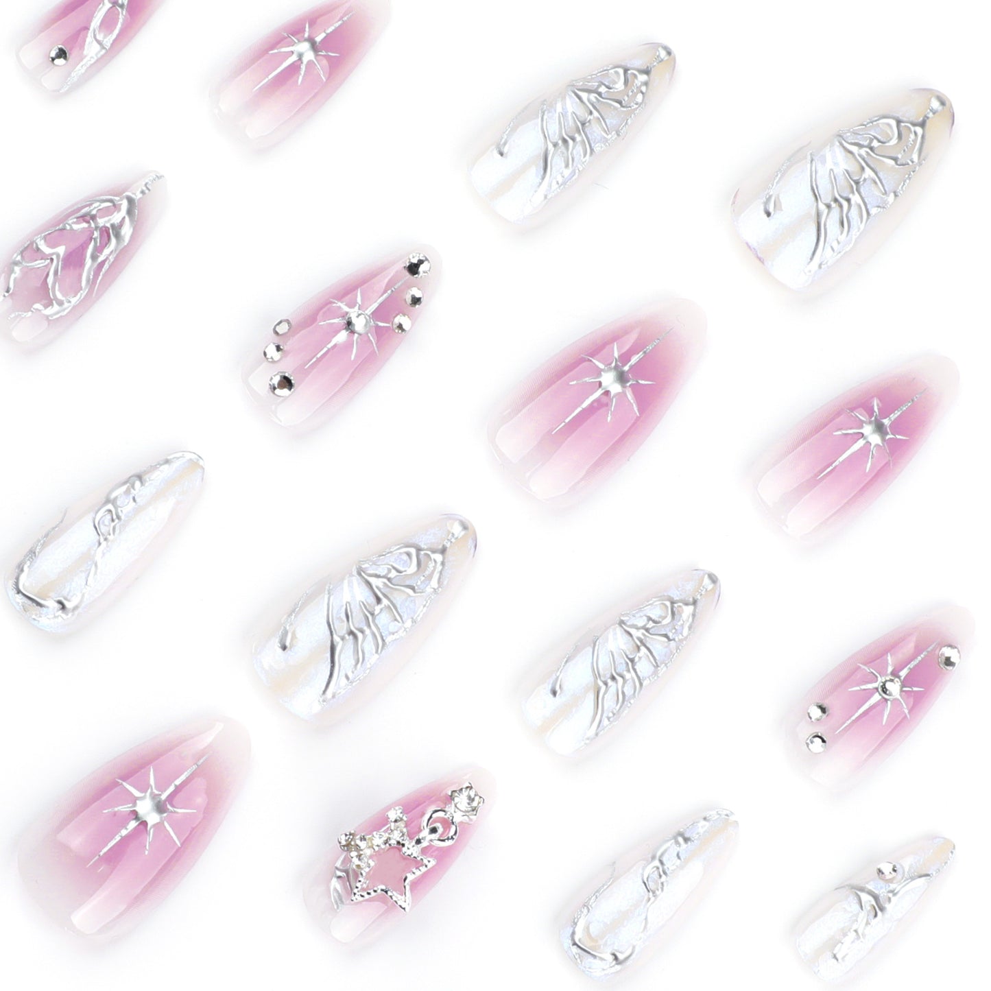 Pink Purple Ombre Press On Nails with Metallic Butterfly 3D Charms Cat Eye Glossy Finish Almond Shape Reusable Full Cover False Nails Kit Rhinestones Pearl Y2K Cute Cool Style 88
