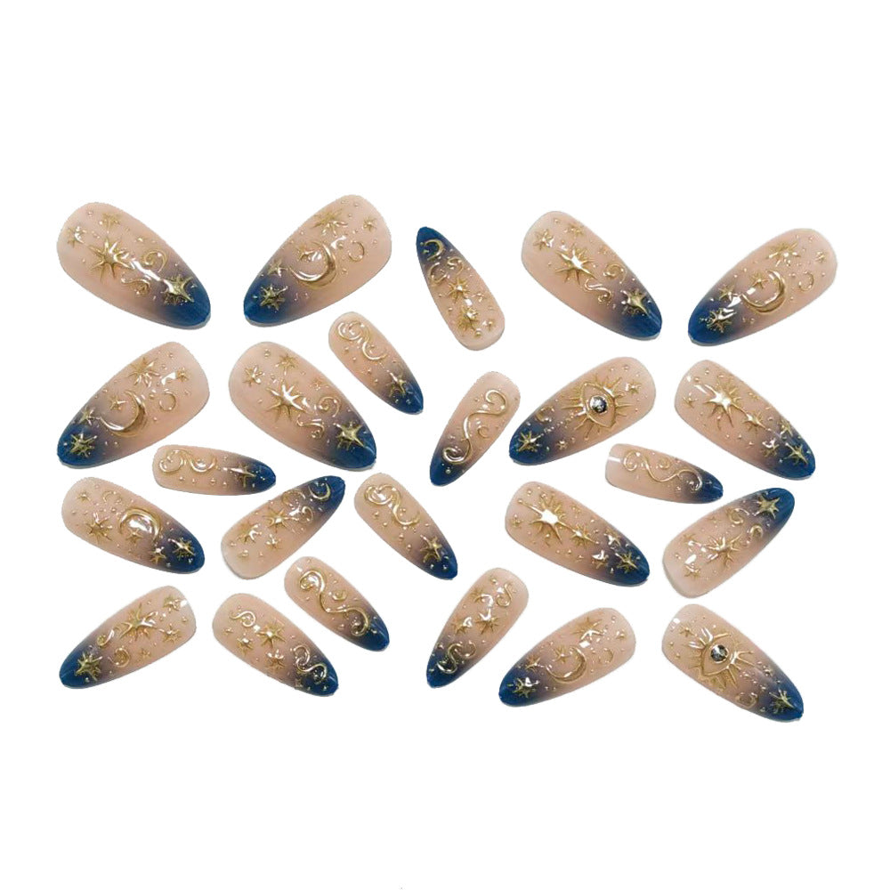 Celestial Press-On Nails Almond Shape Blue Ombre Star Moon Reusable Glue On Fake Nails Galaxy Set 33
