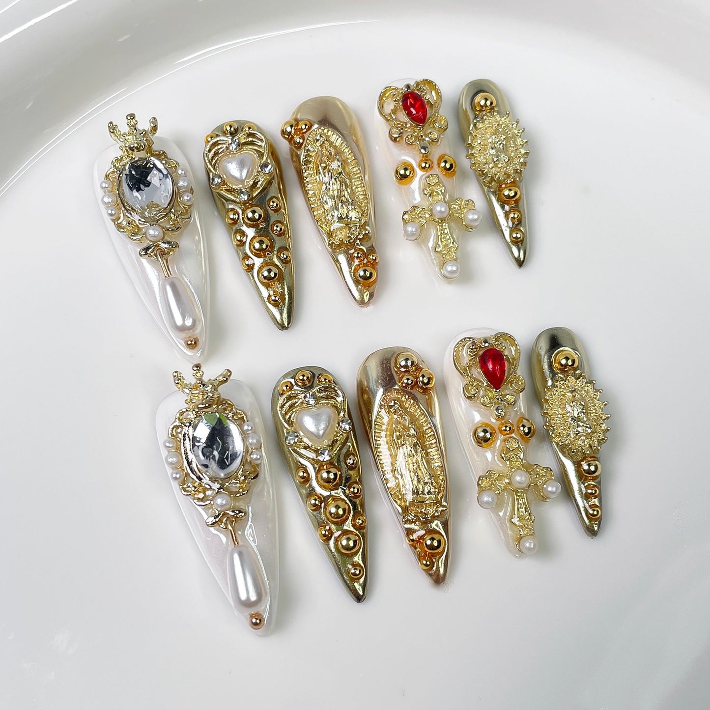 Baroque Press-On Nails – Gold & Ivory Gothic Glam Almond Nails | 3D Crown, Pearl Cross & Vintage Cameo Reusable Nail Set 252