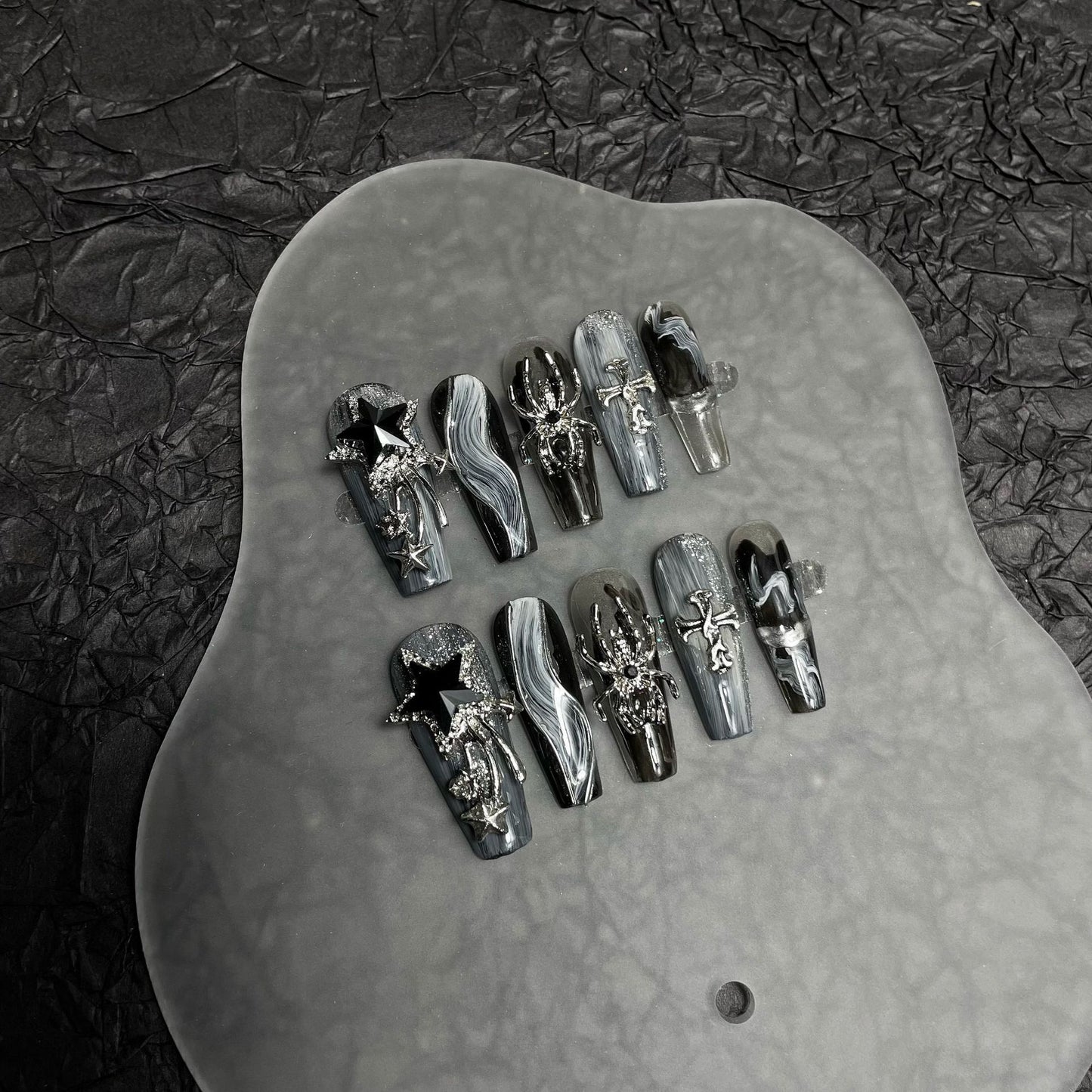 Silver Spider & Cross Press On Nails Black Marble Coffin Shape – 3D Metal Charms Grunge Gothic Reusable Nail Set 212