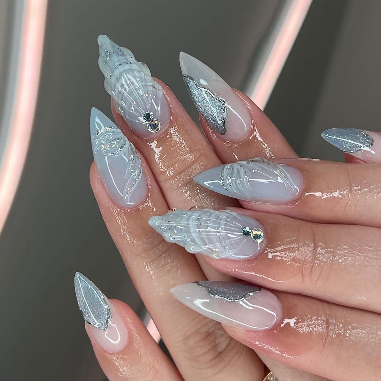 Press On Nails Blue Mermaid Tail Ocean Nails 3D Wave Rhinestone Glitter Almond Glossy Fake Nails Reusable Full Cover Stick On Nails Aesthetic Nails for Women Summer Beach Vacation 83
