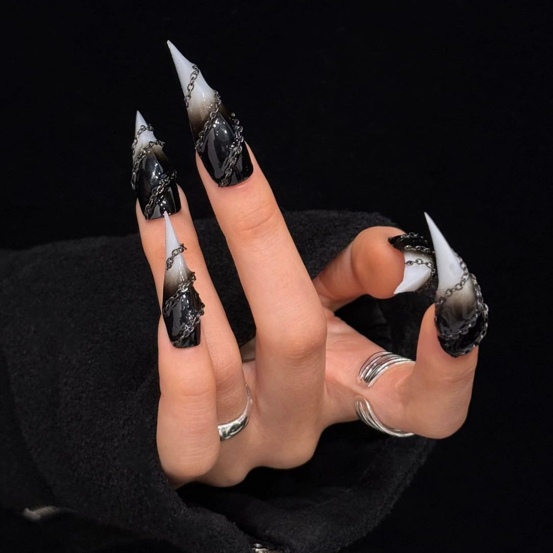 Black & White Ombre Dragon Claw Press-On Nails – Curved Stiletto Nails with Metal Chain Detail | Gothic Punk Reusable Nail Set 294