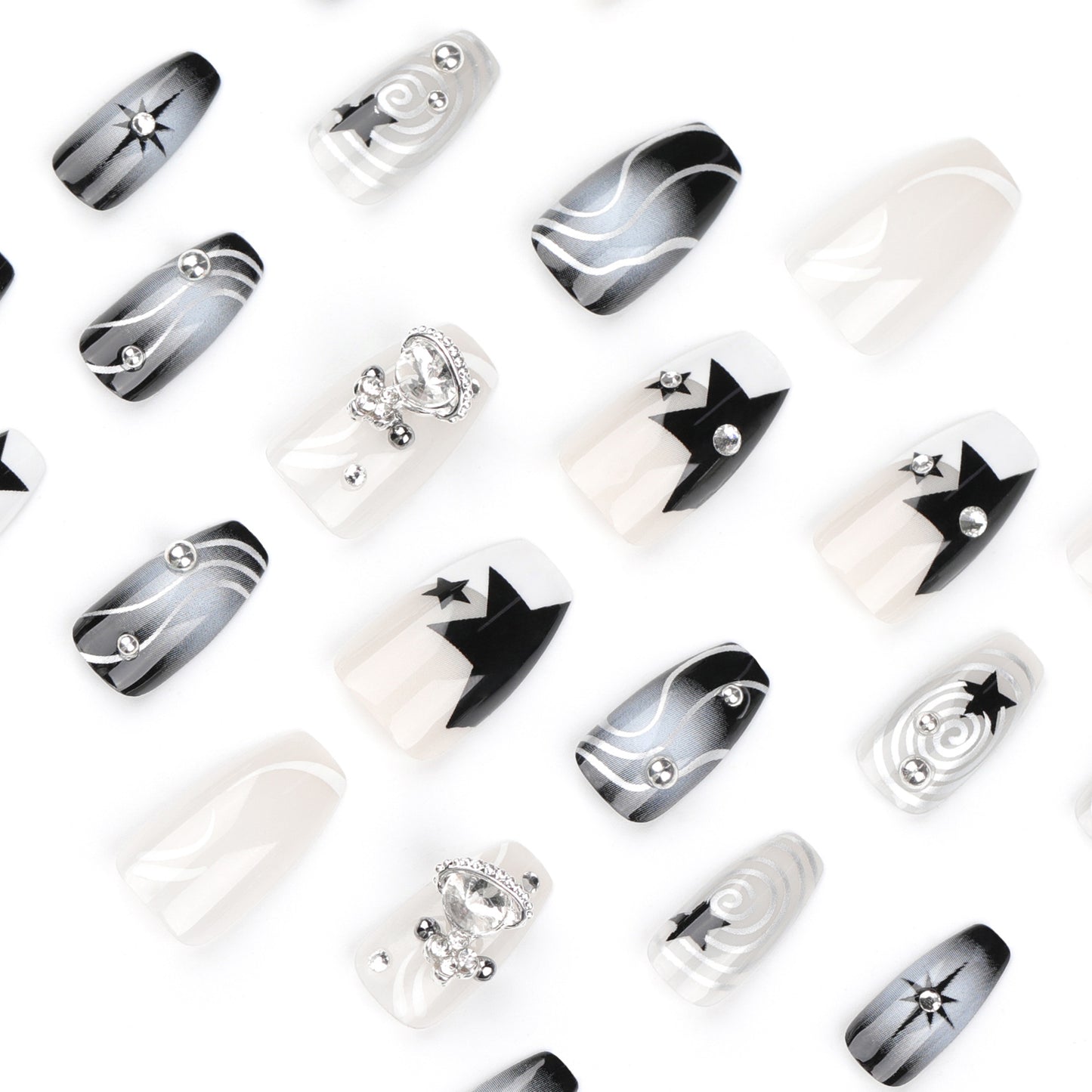 Black White Cat Eye Press On Nails Y2K Cyber Cool Style with Rhinestones Studs Star Charms Metallic Swirl Coffin Shape Glossy Reusable Full Cover False Nails Kit for Women 87