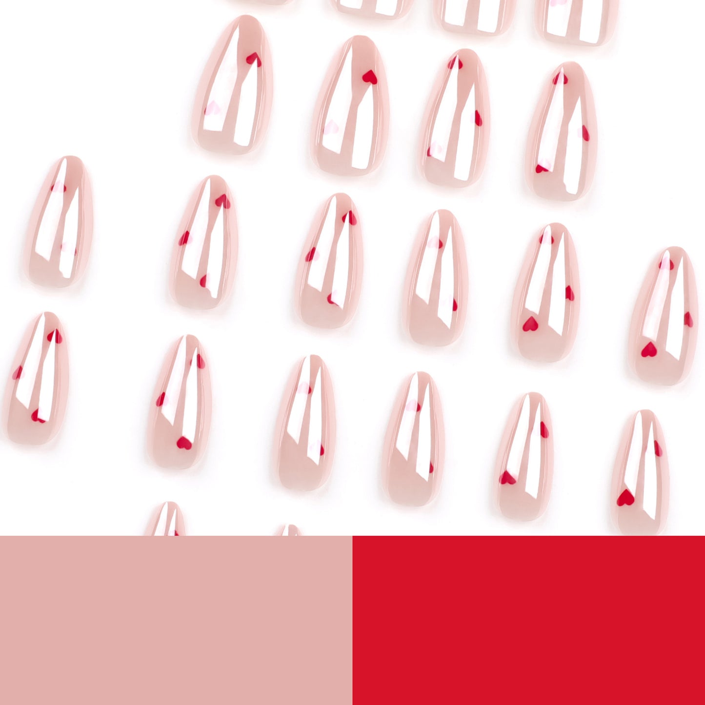 Glossy Nude Pink Press-On Nails Almond Heart Design Mirror Finish Reusable Glue On Fake Nails Cute Set 40