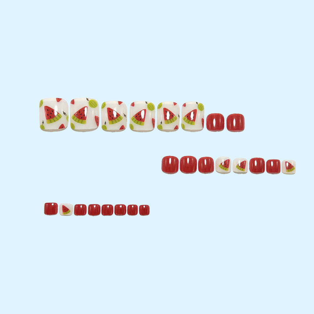 Watermelon Press-On Nails Short Square Round Cute Fruit Design Reusable Glue On Fake Nails Summer Set 35