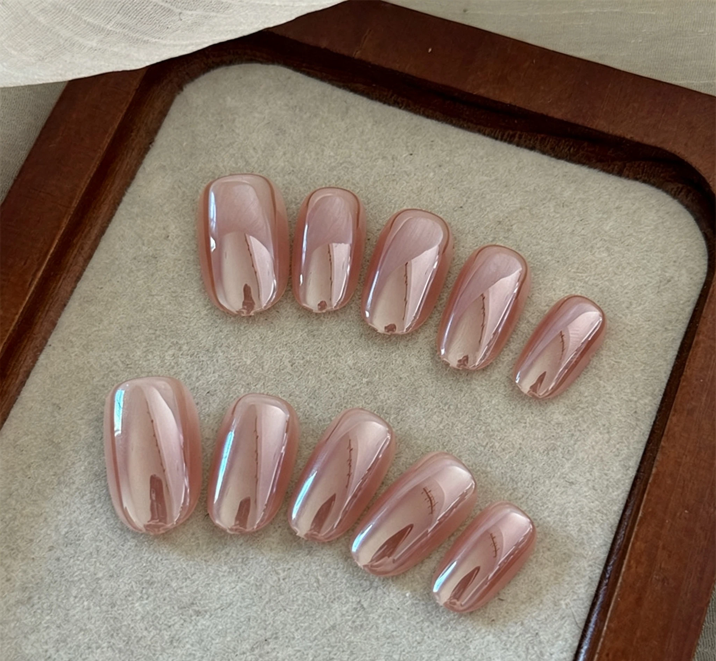 Pink Cat Eye Press-On Nails – Sheer Nude Pink Jelly Oval Nails | Minimal Magnetic Glass Effect Reusable Nail Set 286