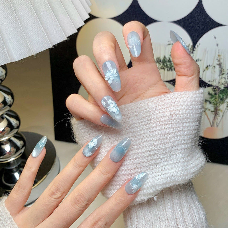 Ice Blue Cat Eye Press-On Nails – Floral Pearl Almond Nails | 3D White Flower Detail Reusable Nail Set 263