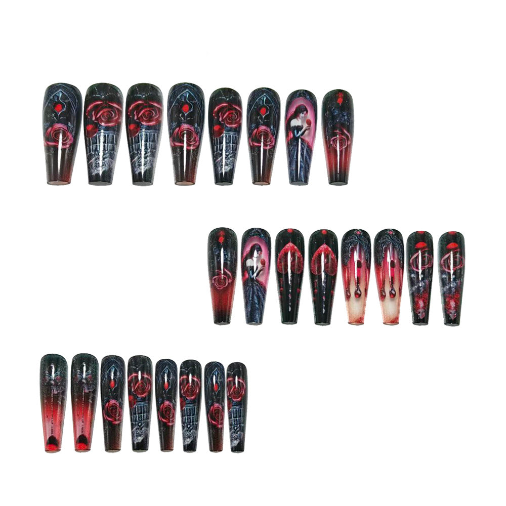 Gothic Press-On Nails Coffin Shape Black Red Rose Heart Reusable Glue On Fake Nails Y2K Dark Set 34