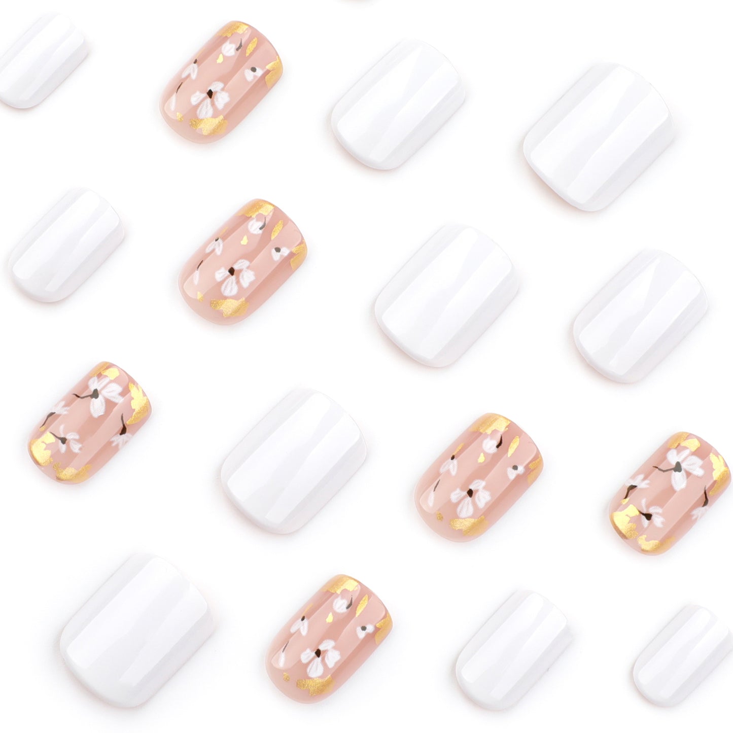 White and Nude Pink Press On Nails with Floral Design Gold Foil Accent Glossy Short Squoval Shape Minimal Elegant Full Cover False Nails Kit Reusable 114
