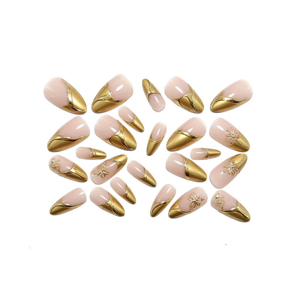 Nude Pink French Tip Press On Nails Gold Accent 3D Floral Almond Classy Bridal Reusable Nail Set 27