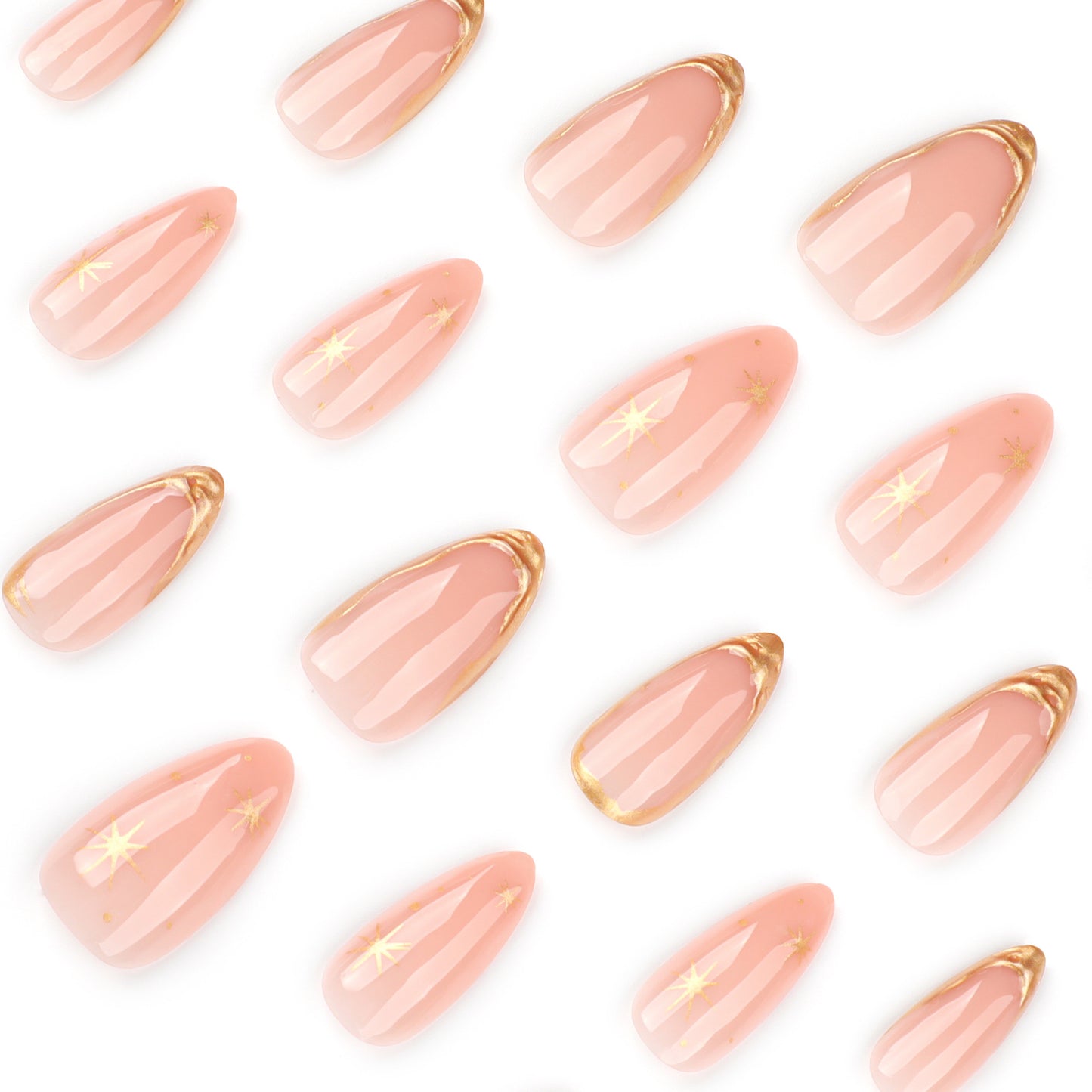 Nude Pink Press-On Nails Almond Gold French Tip Star Design Reusable Glue On Fake Nails Elegant Set 45
