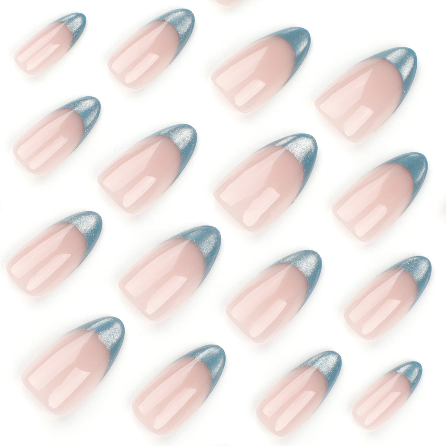 Nude Pink Press On Nails with Blue Glitter French Tips Almond Shape Glossy Minimal Luxury Design Reusable Full Cover False Nails Kit Elegant Everyday Nails 100