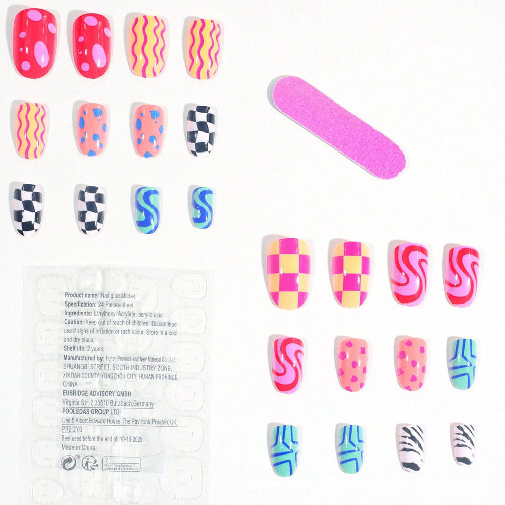 Y2K Press-On Nails Almond Colorful Pattern Mix Wave Checker Reusable Glue On Fake Nails Trendy Set 44